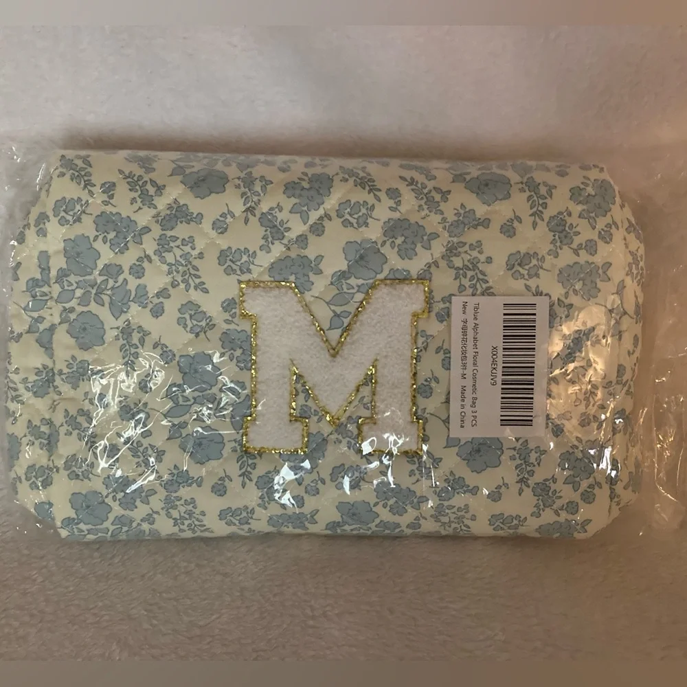 3 pc Quilted Floral Makeup Cosmetic Toiletry Bag Set - Initial M